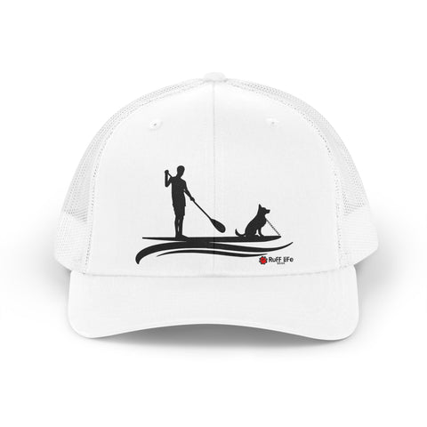 Paddleboard Dog Trucker Hat — Retro SUP Silhouette Mesh Cap - Ruff Life Gear